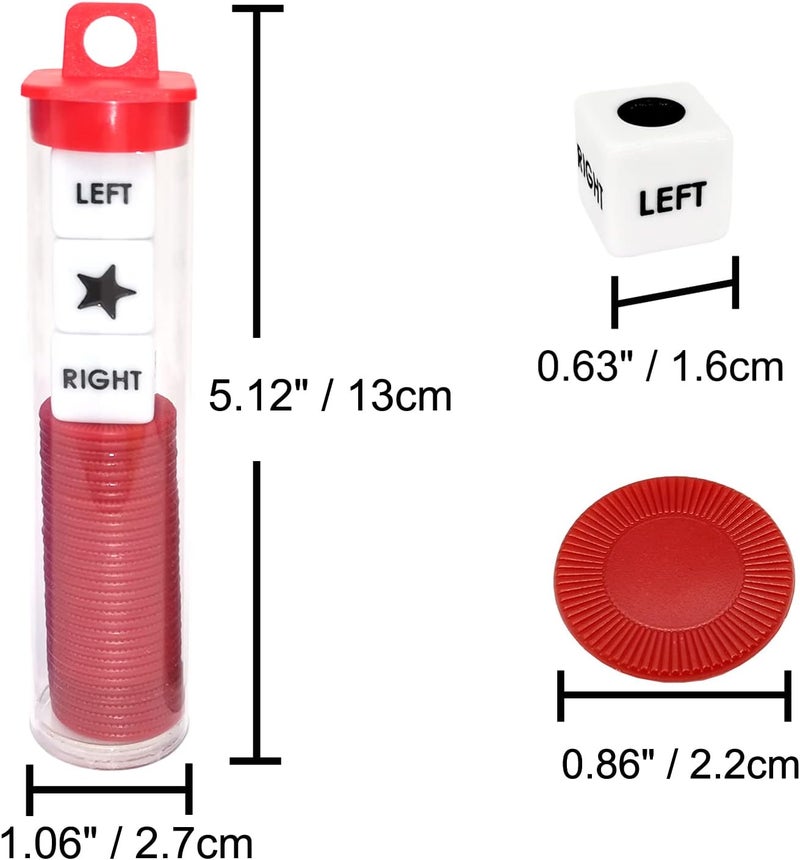 Ahoper Left Right Center Dice Game Prime Set Bundle with 3 Dices + 36 Chips. Round Tube Storage is Very Convenient for Travel. Easy to Store, Carry Around. (Red) - Image 5